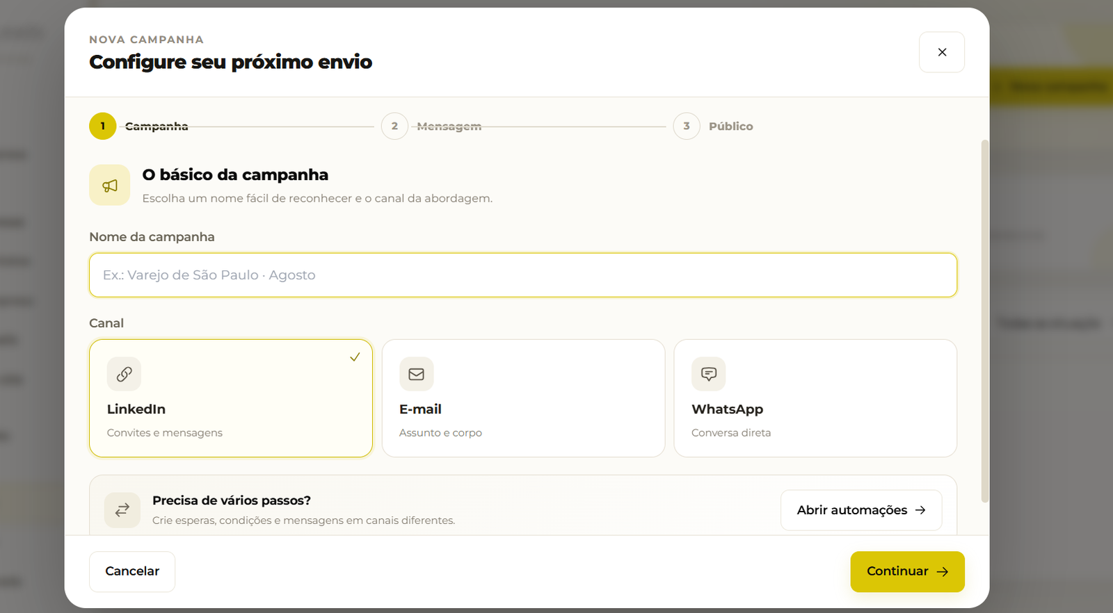 Tela de criação de campanha no Pulse Leads