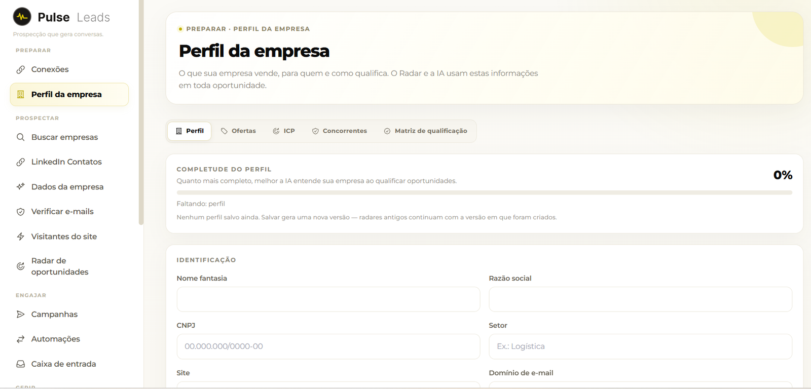 Tela de perfil da empresa no Pulse Leads